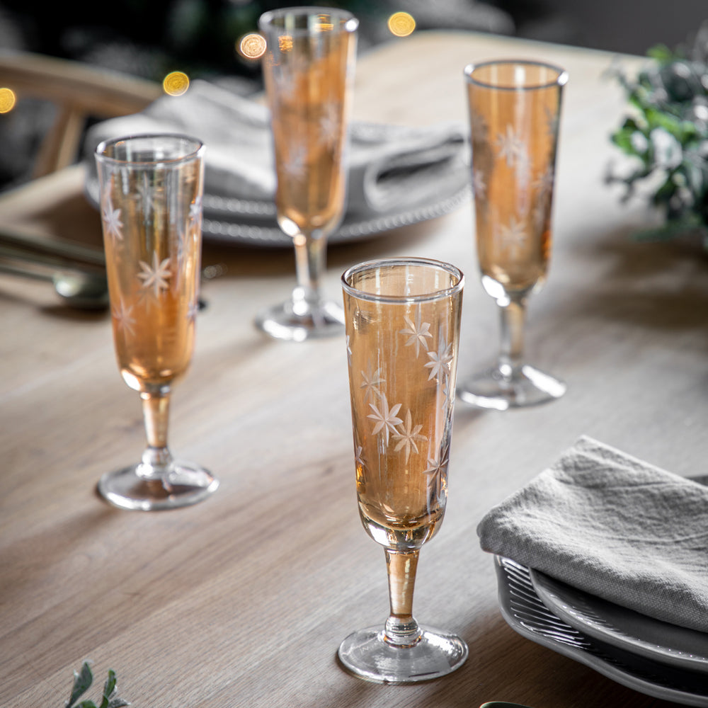 Product photograph of Gallery Interiors Starry Set Of 4 Flute Gold Lustre Glasses from Olivia's.