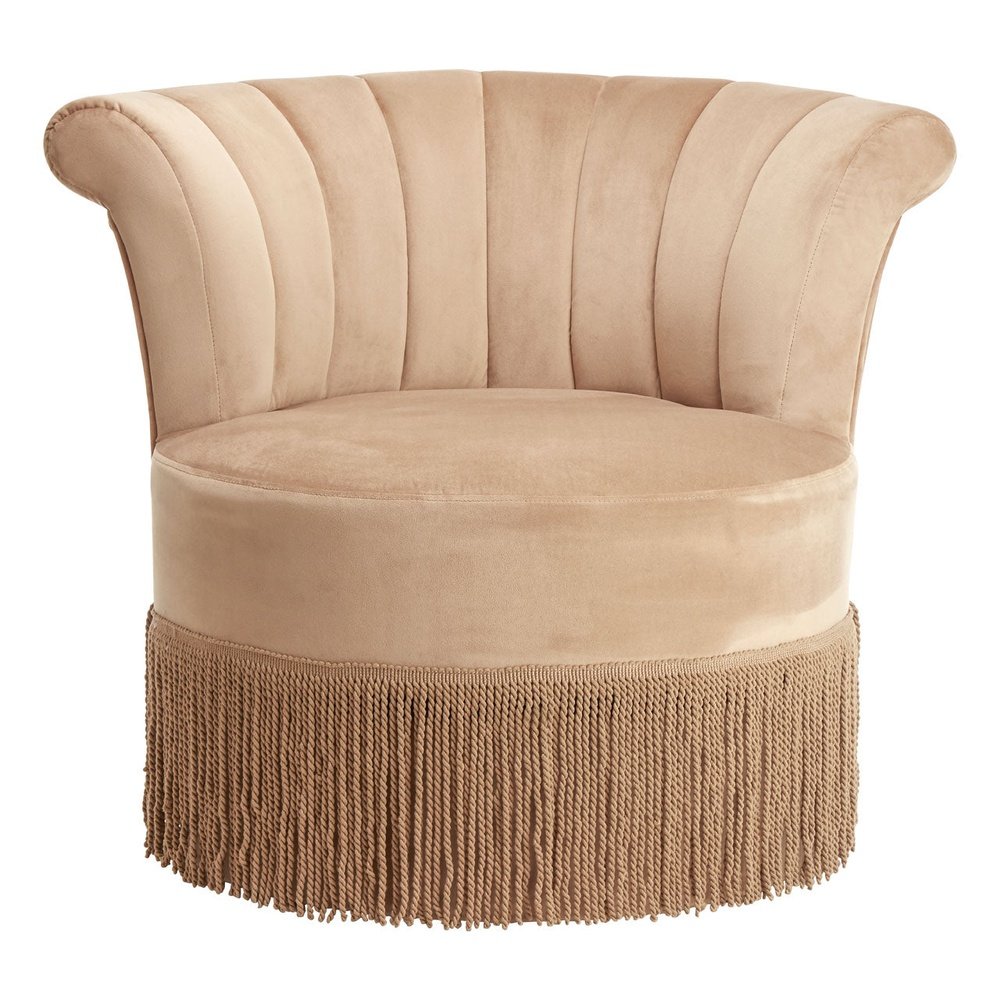 Product photograph of Olivia S Louie Swivel Round Accent Chair In Mink Velvet With Fringe from Olivia's
