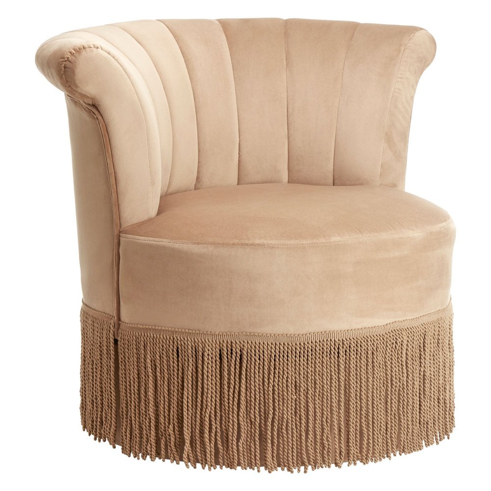 Product photograph of Olivia S Louie Swivel Round Accent Chair In Mink Velvet With Fringe from Olivia's.