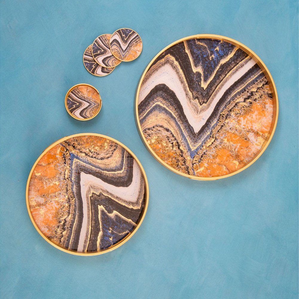 Product photograph of Olivia S Set Of 2 Selina Abstract Round Trays Orange Gold from Olivia's.