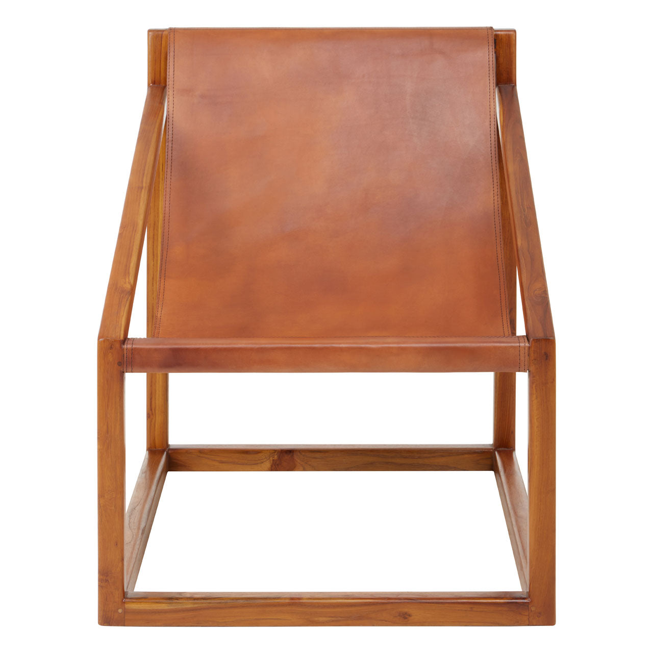 Olivias Katie Accent Cubic Chair In Natural Teak Wood Brown Leather