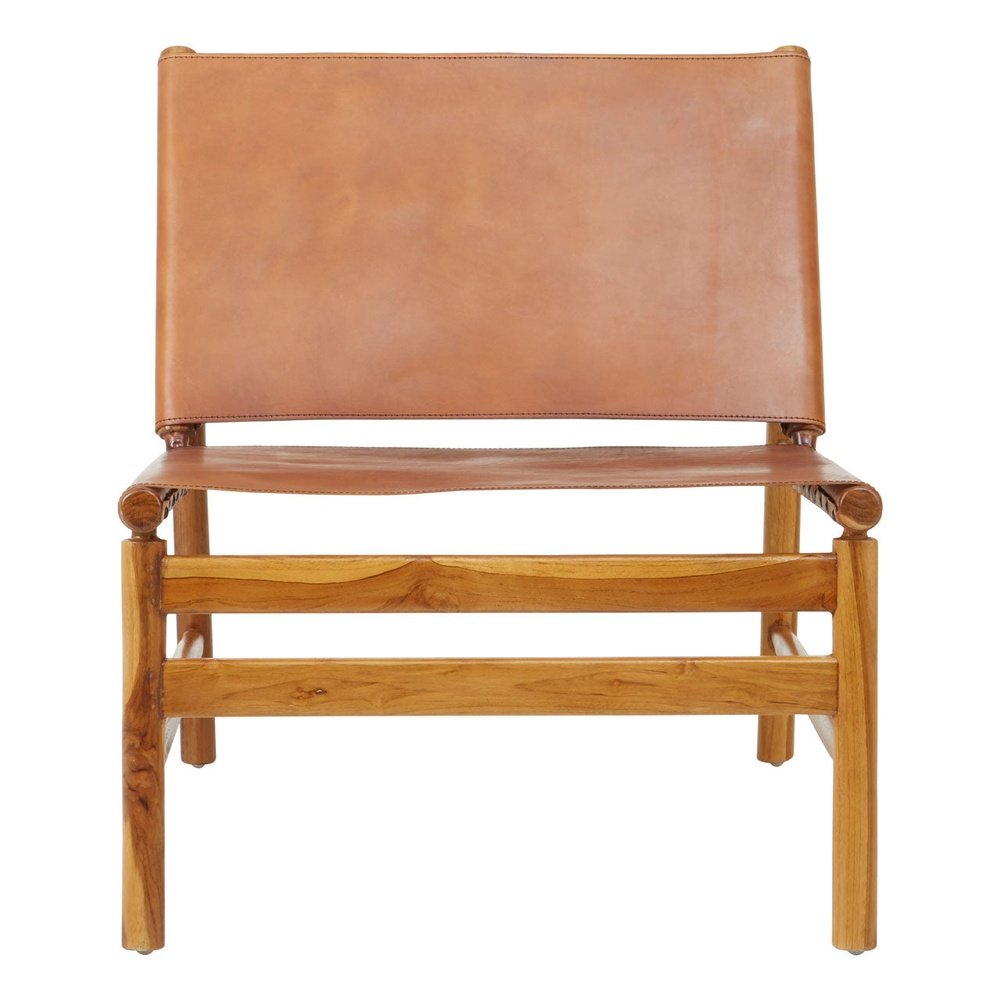 Olivias Kendra Accent Chair In Natural Teak Wood Brown Leather