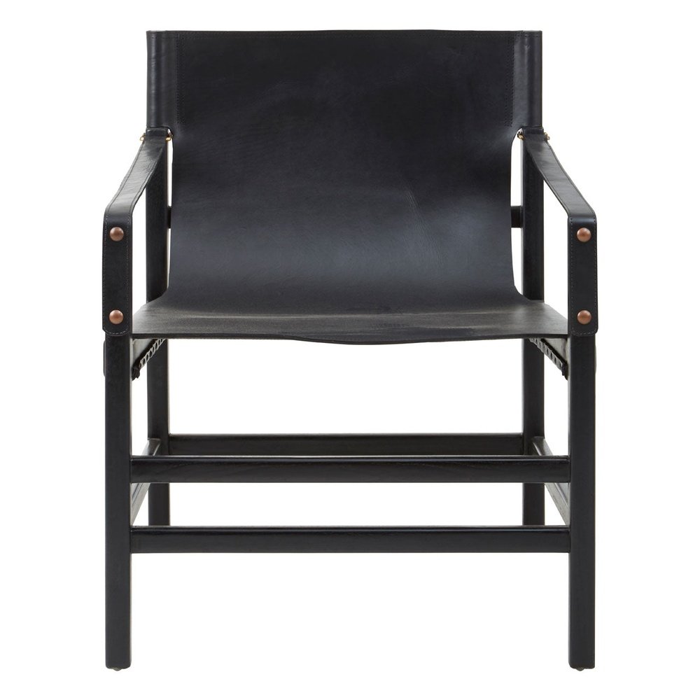 Olivias Kamryn Accent Chair In Black Teak Wood Black Plain Leather