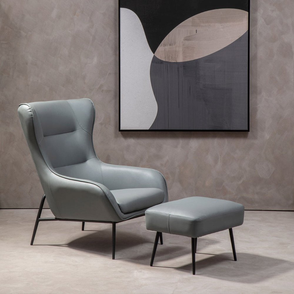Product photograph of Olivia S Kali Accent Chair Footstool In Faux Grey Leather from Olivia's.