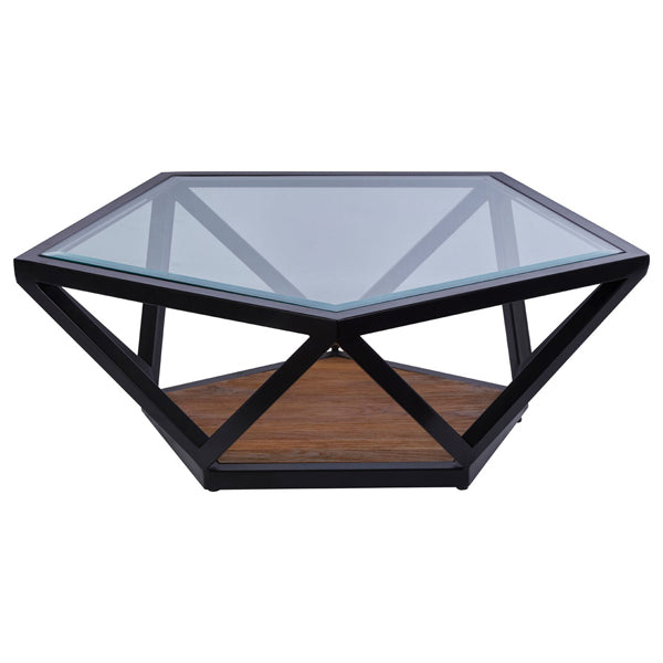 Olivias Cleo Pentagon Black Coffee Table Clear Glass And Teak Wood