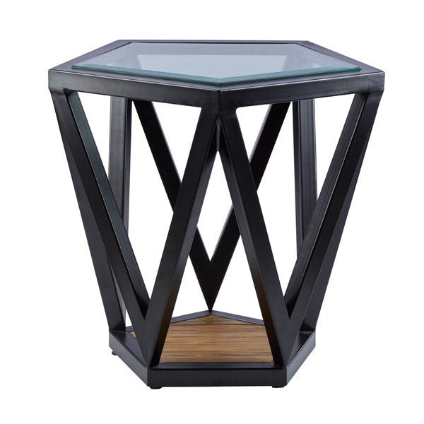 Olivias Cleo Pentagon Clear Glass And Teak Wood Side Table