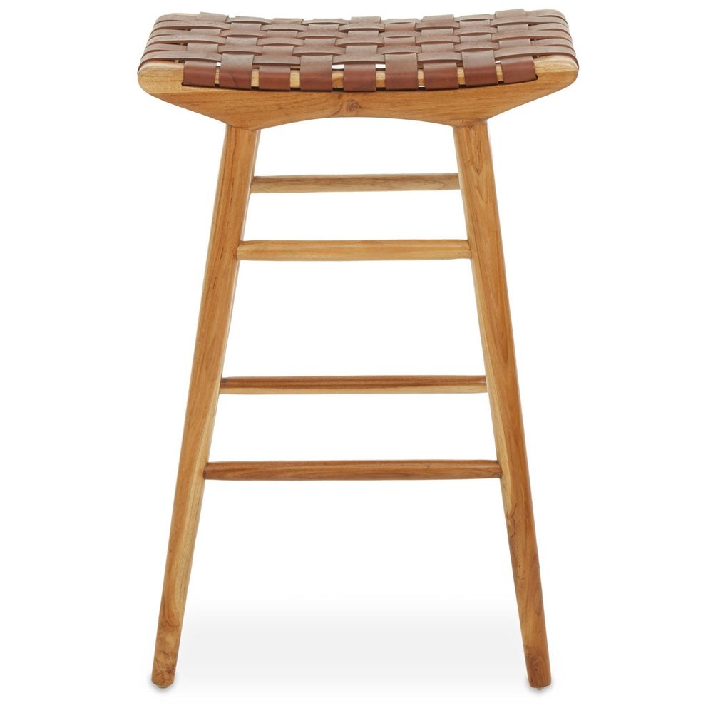 Olivias Katherine Bar Stool In Natural Teak Natural Brown Leather