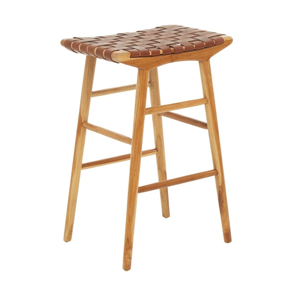 Product photograph of Olivia S Katherine Bar Stool In Natural Teak Natural Brown Leather from Olivia's.
