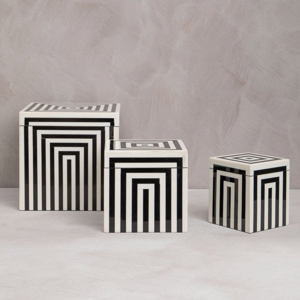 Product photograph of Olivia S Donall Small Square Striped Trinket Box In Black White from Olivia's.