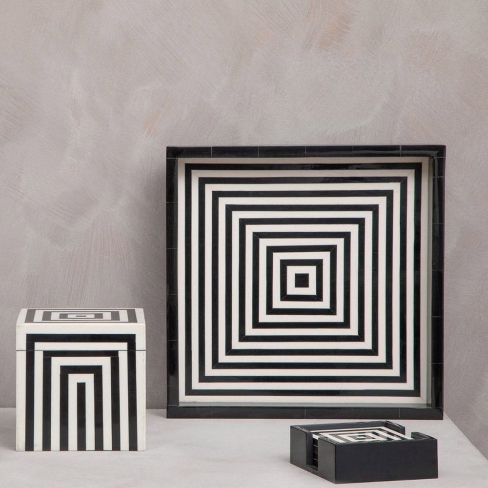 Product photograph of Olivia S Donall Small Square Striped Trinket Box In Black White from Olivia's.