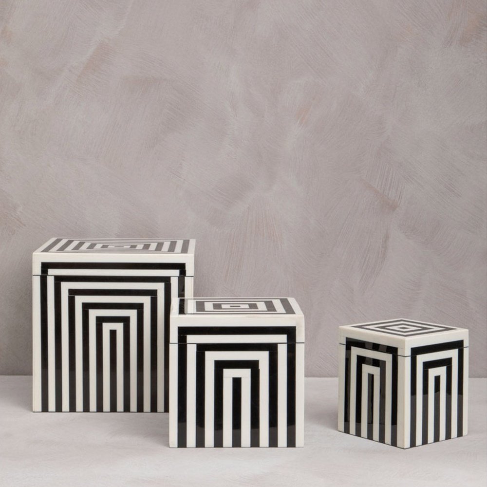 Product photograph of Olivia S Donall Medium Square Striped Trinket Box In Black White from Olivia's.