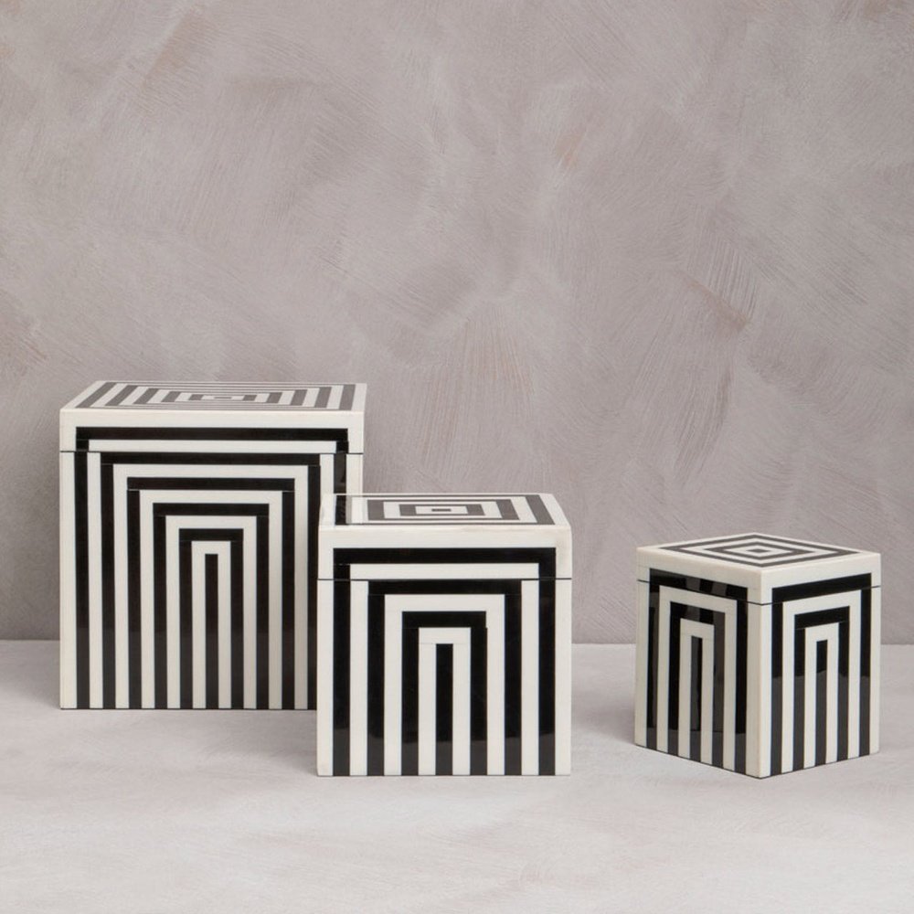 Product photograph of Olivia S Donall Large Square Striped Trinket Box In Black White from Olivia's.