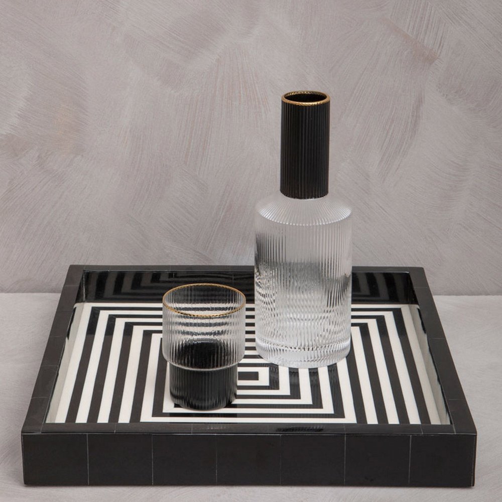 Product photograph of Olivia S Donall Square Striped Tray In Black White from Olivia's.