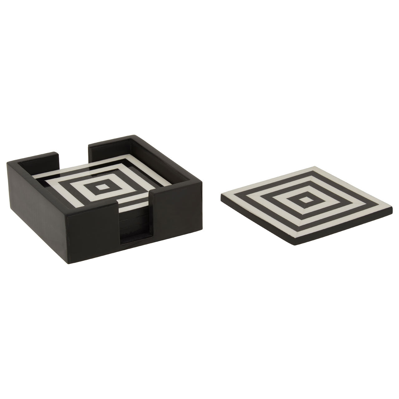 Product photograph of Olivia S Set Of 4 Donall Square Striped Coasters With Holder In Black White from Olivia's.