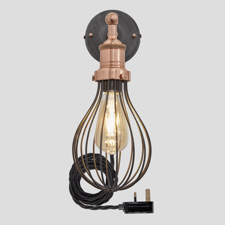 Product photograph of Industville Brooklyn Balloon Cage Pewter Wall Light With Plug 6 Inch Brass Holder With Plug from Olivia's.