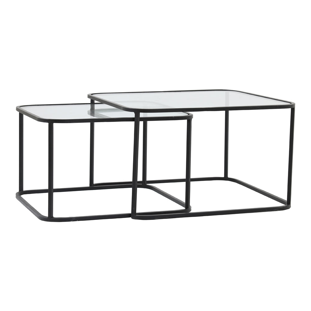 Light Living Lofti Coffee Table Matt Black And Clear Glass Set Of 2