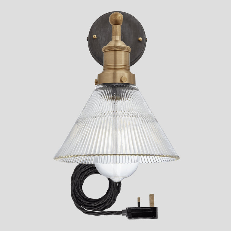 Product photograph of Industville Brooklyn Glass Funnel Wall Light With Plug 7 Inch Brass Holder With Plug from Olivia's.