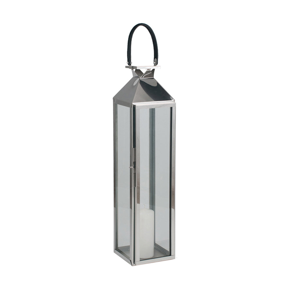 Product photograph of Olivia S Coco Medium Lantern In Shiny Nickel Stainless Steel And Glass from Olivia's