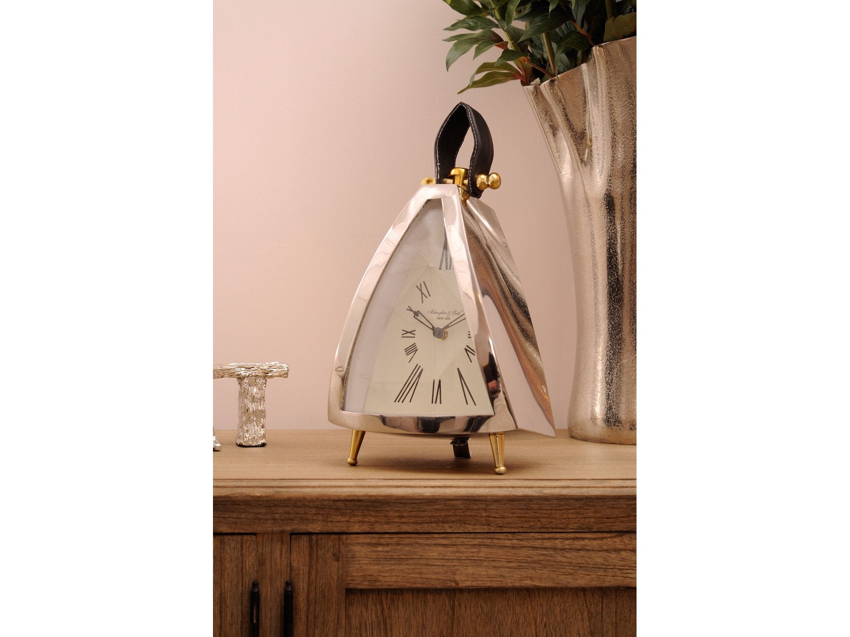 Product photograph of Libra Isosceles Curved Front Mantel Clock With Leather Handle Outlet from Olivia's.
