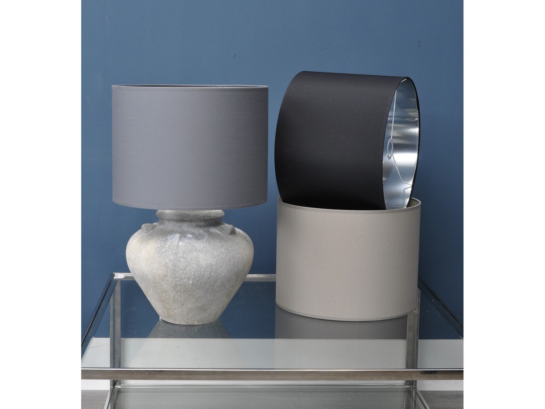 Product photograph of Libra Urban Botanic Collection - Lined Drum 16 Lampshade Grey And Silver from Olivia's.