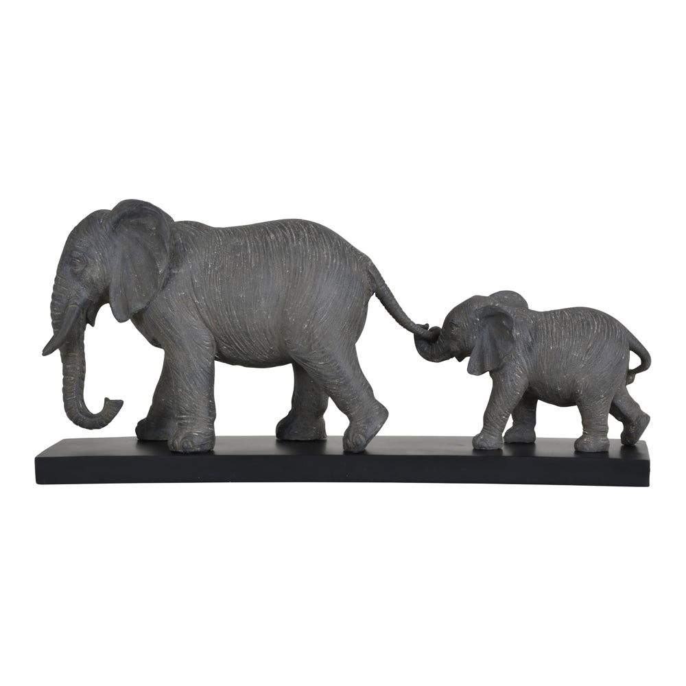 Libra Grey Mother And Calf Elephant Resin Sculpture On Black Base