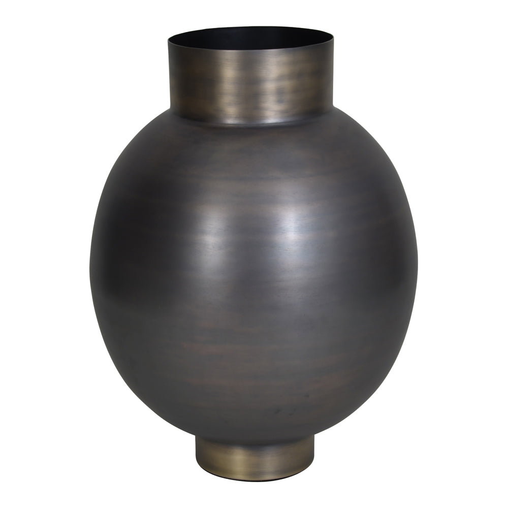 Product photograph of Libra Calm Neutral Collection - Arizona Bulbous Burnished Metal Planter With Antique Brass Rim And Base from Olivia's