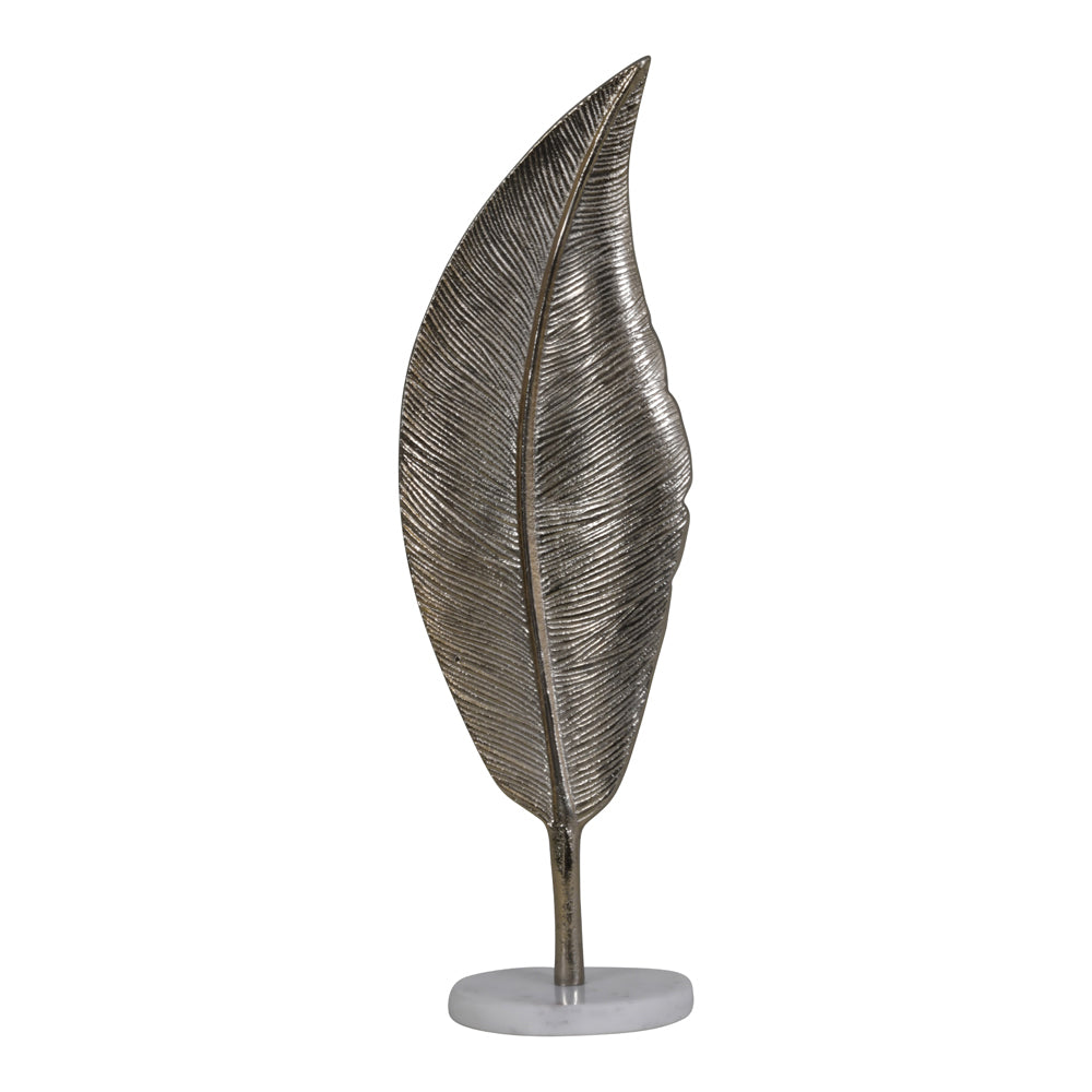 Libra Luxurious Glamour Collection Savoy Champagne Gold Aluminium Feather Sculpture On White Marble Base