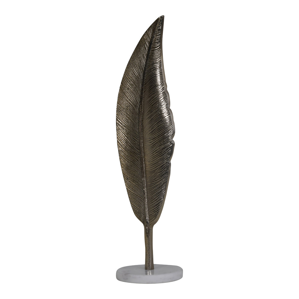 Product photograph of Libra Interiors Savoy Champagne Gold Aluminium Feather Sculpture On White Marble Base from Olivia's.