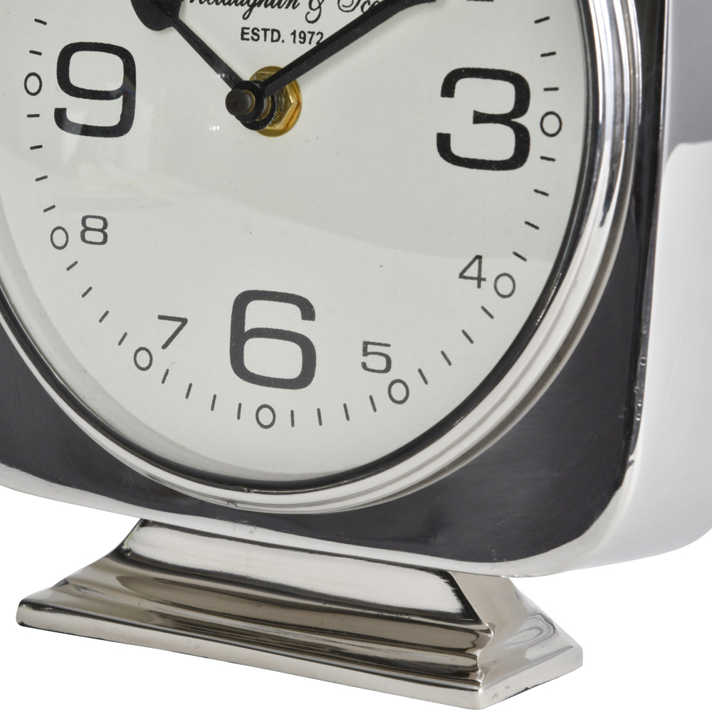 Product photograph of Libra Interiors Vickery Silver Nickel Square Mantel Clock On Stand from Olivia's.