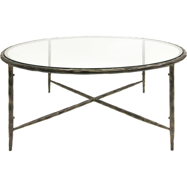 Product photograph of Libra Calm Neutral Collection - Patterdale Round Glass Top Coffee Table Dark Bronze Finish from Olivia's