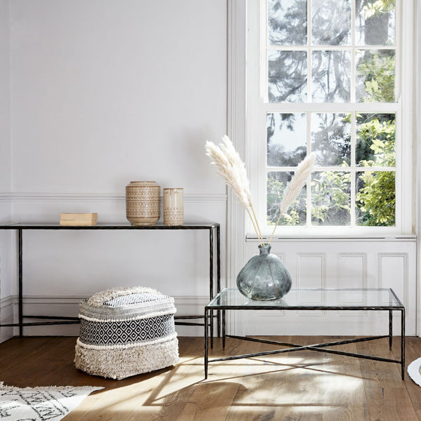 Product photograph of Libra Calm Neutral Collection - Patterdale Glass Top Console Table Dark Bronze Small from Olivia's.