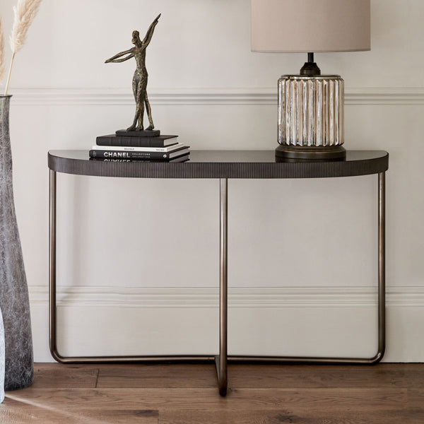 Product photograph of Libra Interiors Knightsbridge Half Moon Console Table Black Tinted Glass from Olivia's.