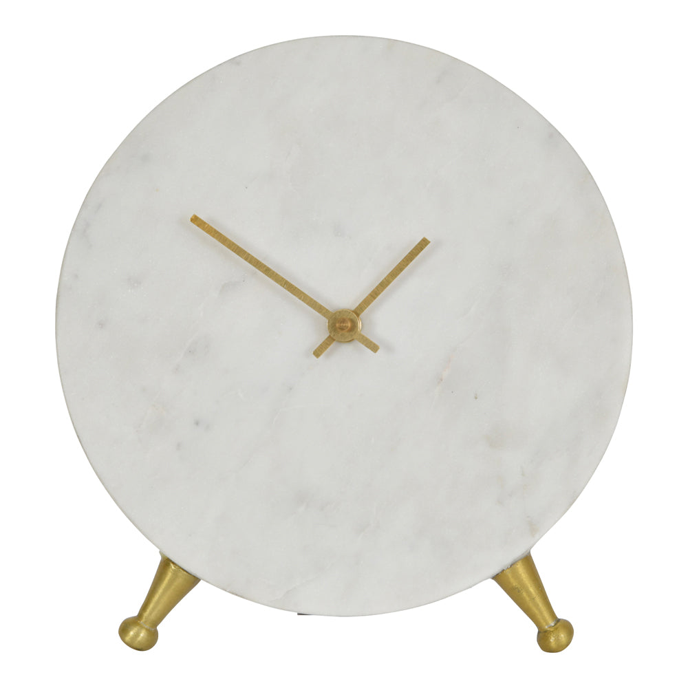 Product photograph of Libra Luxurious Glamour Collection - Round White Marble Mantel Clock On Gold Metal Stand from Olivia's