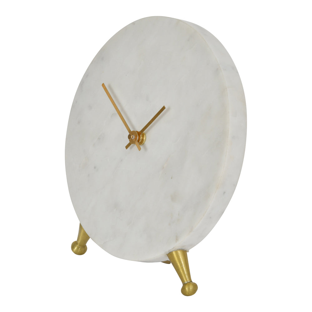 Product photograph of Libra Luxurious Glamour Collection - Round White Marble Mantel Clock On Gold Metal Stand from Olivia's.