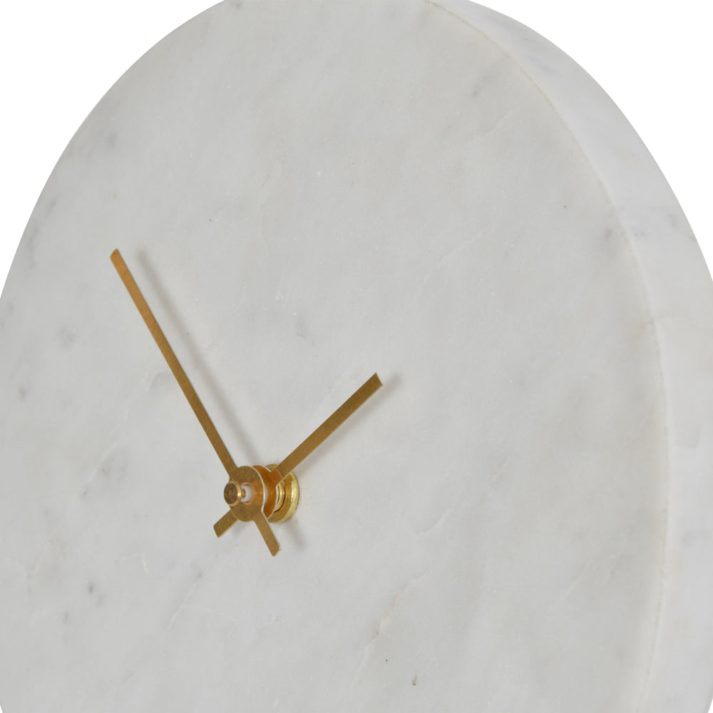 Product photograph of Libra Luxurious Glamour Collection - Round White Marble Mantel Clock On Gold Metal Stand from Olivia's.