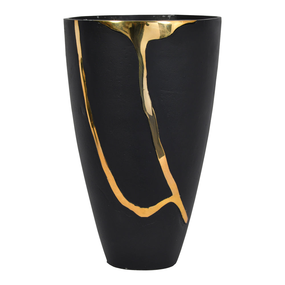 Product photograph of Libra Luxurious Glamour Collection - Arizona Black Aluminium Large Vase With Gold Lava Detail from Olivia's