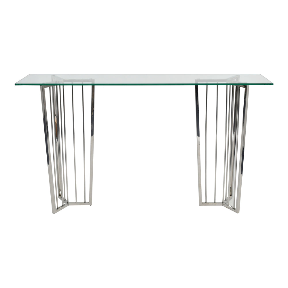 Product photograph of Libra Midnight Mayfair Collection - Abington Stainless Steel Frame And Clear Glass Console Table from Olivia's
