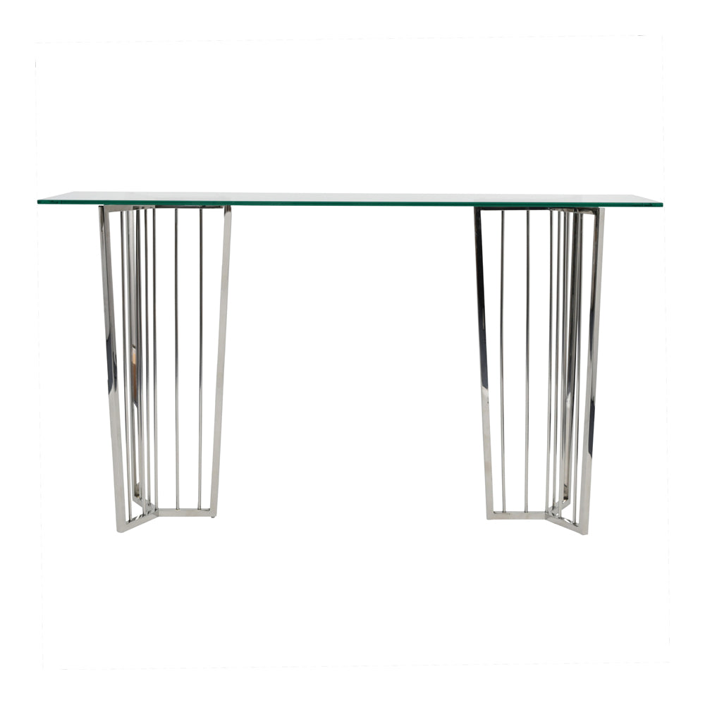 Product photograph of Libra Interiors Abington Stainless Steel And Clear Glass Console Table from Olivia's.