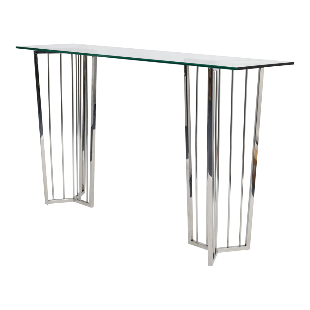 Product photograph of Libra Midnight Mayfair Collection - Abington Stainless Steel Frame And Clear Glass Console Table from Olivia's.