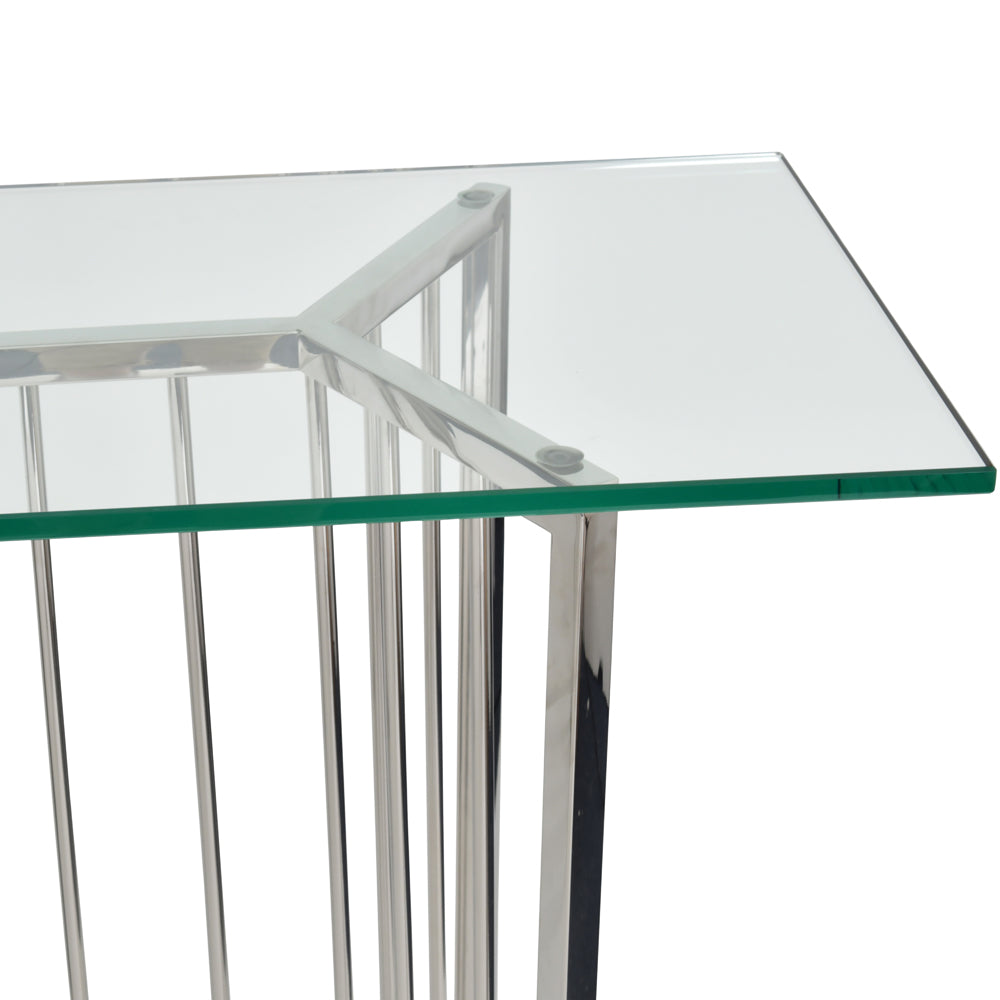 Product photograph of Libra Interiors Abington Stainless Steel And Clear Glass Console Table from Olivia's.