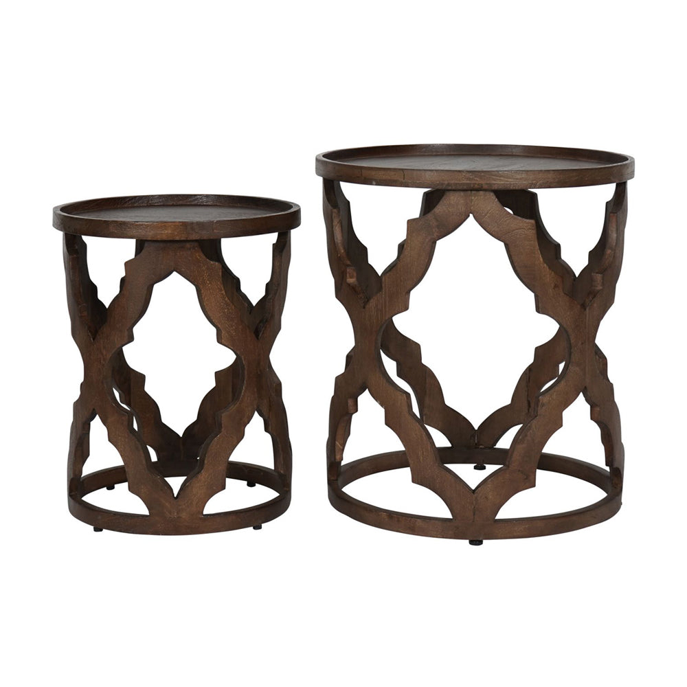 Libra Calm Neutral Collection Set Of 2 Kielder Solid Carved Wooden Nesting Side Tables In Dark Brown