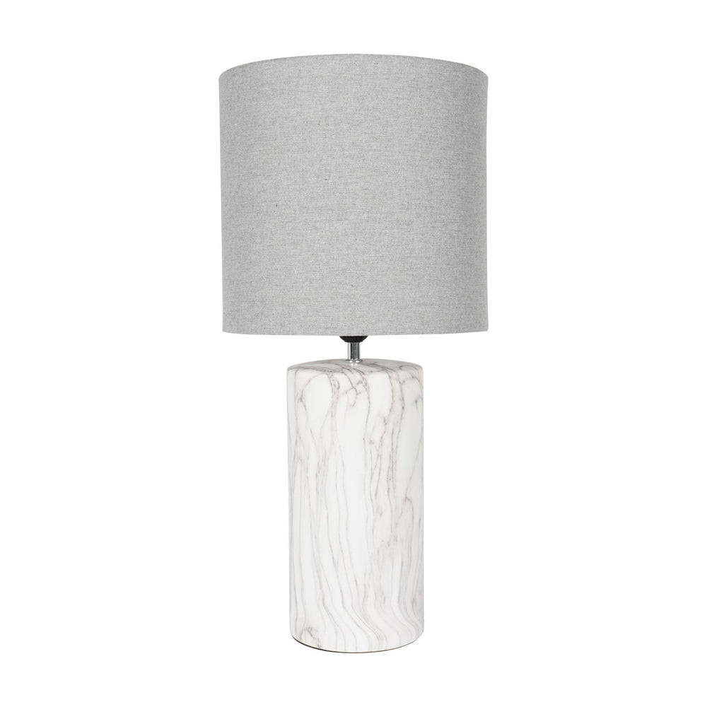 Libra Calm Neutral Collection Marble Effect Column Table Lamp With Grey Drum Shade Large