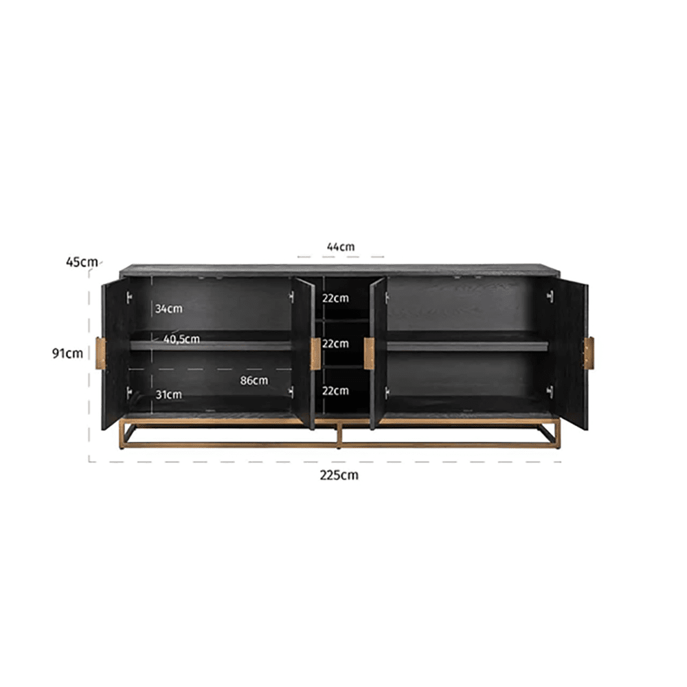 Product photograph of Richmond Blackbone 4 Doors Brushed Gold Sideboard from Olivia's.