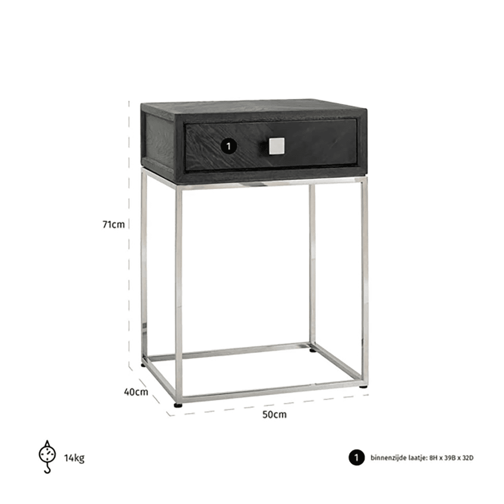 Product photograph of Richmond Blackbone 1 Drawer Silver Bedside Table from Olivia's.