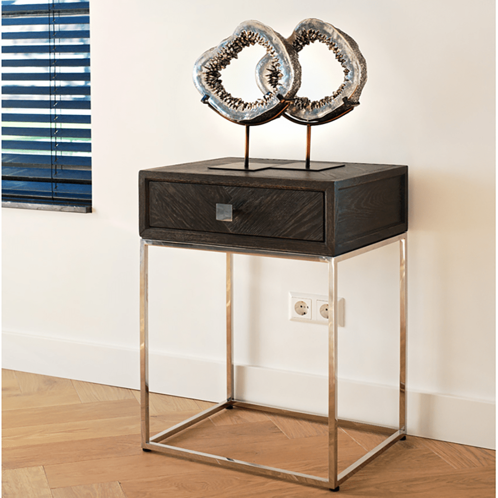 Product photograph of Richmond Blackbone 1 Drawer Silver Bedside Table from Olivia's.