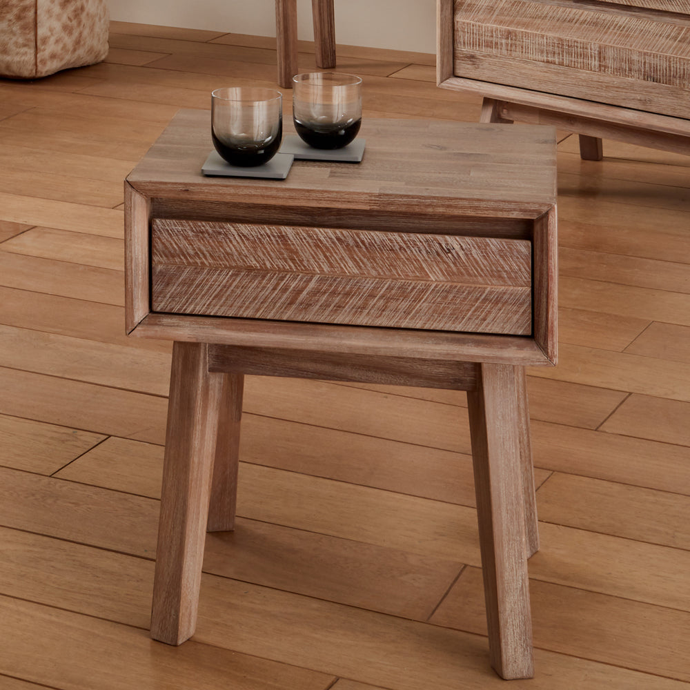 Product photograph of Olivia S Melville Acacia Wood 1 Drawer Bedside Unit In Sand Wash from Olivia's.