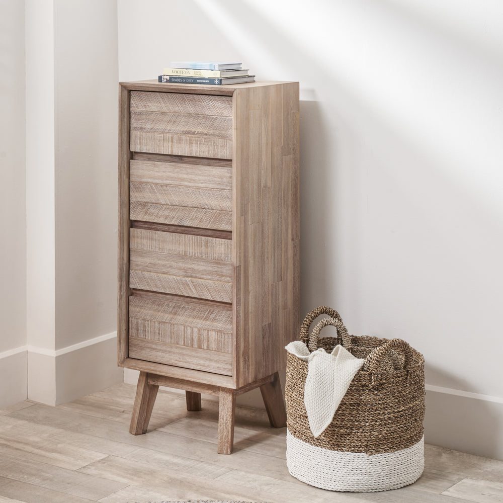 Product photograph of Olivia S Melville Acacia Wood 4 Drawer Tall Boy In Sand Wash from Olivia's.