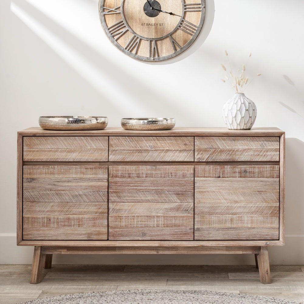 Product photograph of Olivia S Melville Acacia Wood 3 Drawer 3 Door Sideboard In Sand Wash from Olivia's.
