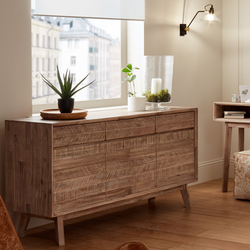 Product photograph of Olivia S Melville Acacia Wood 3 Drawer 3 Door Sideboard In Sand Wash from Olivia's.