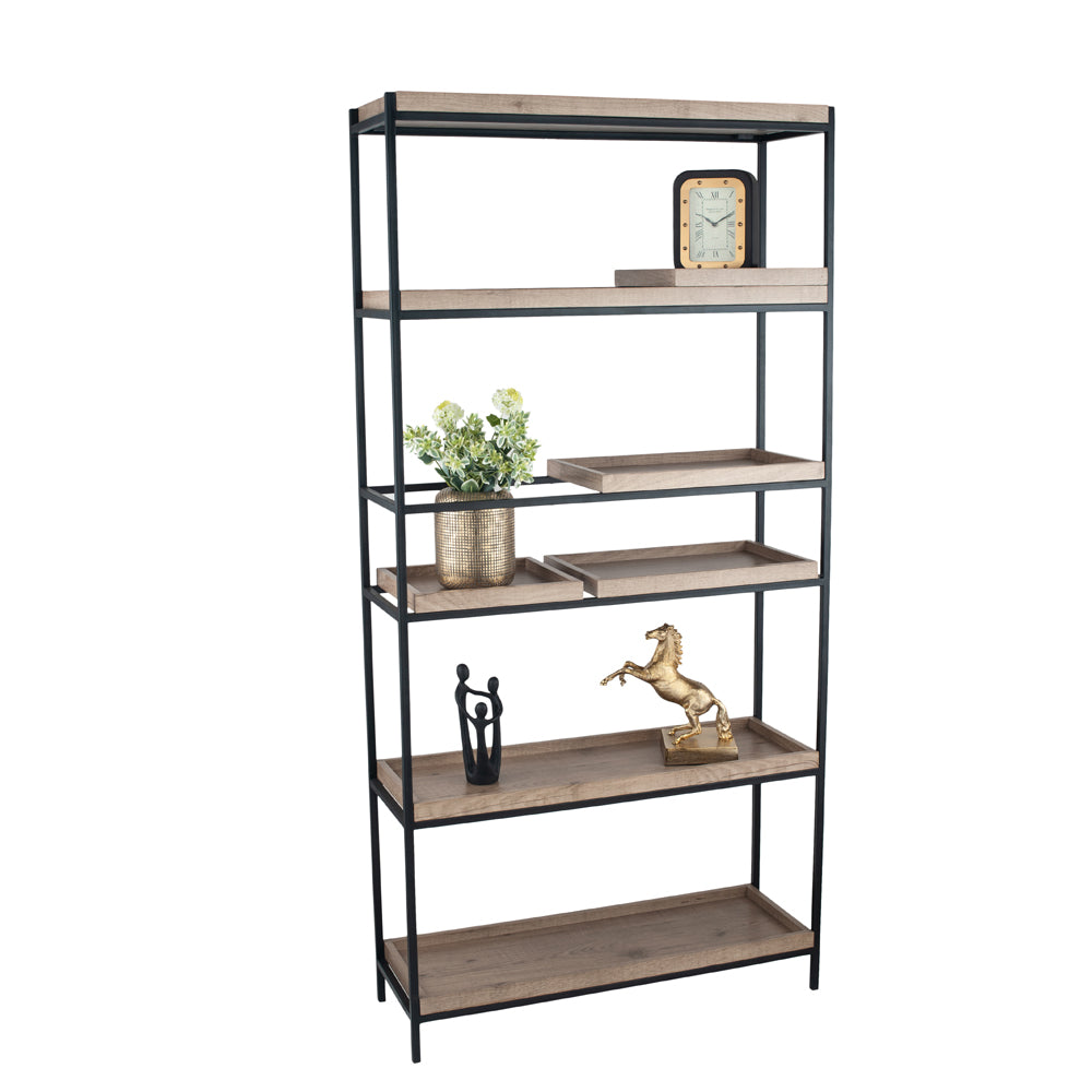 Product photograph of Olivia S Candice Natural Wood Veneer Black Metal 5 Shelf Unit from Olivia's.